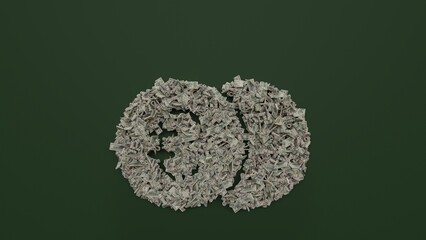 Sticker - 3d rendering of dollar cash rolls and stacks in shape of symbol of euro on green background