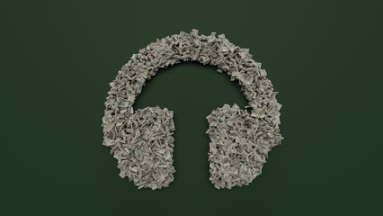 Wall Mural - 3d rendering of dollar cash rolls and stacks in shape of symbol of headphones on green background