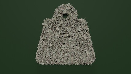 Canvas Print - 3d rendering of dollar cash rolls and stacks in shape of symbol of weight hanging on green background