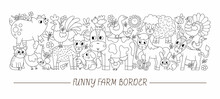 Vector Black And White Horizontal Border Set With Cute Farm Animals, Birds, Insects. Rural Outline Card Template Design With Country Characters. Coloring Page Or Border With Cow, Hen, Pig, Horse.