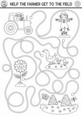 Wall Mural - Black and white farm maze for kids with cute tractor, scarecrow, sunflower. Country side line preschool printable activity. Labyrinth coloring game or puzzle. Help the farmer get to the field.
