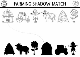 Wall Mural - Black and white farm shadow matching activity with traditional country symbols. Rural village line puzzle with cow, barn, farmer. Find correct silhouette printable coloring game. On the farm page
