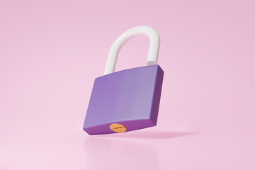 Poster - 3d purple locked padlock icon floating on pink background with protect ,security protection ,minimal