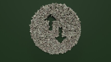 Wall Mural - 3d rendering of dollar cash rolls and stacks in shape of symbol of up and down arrows on green background