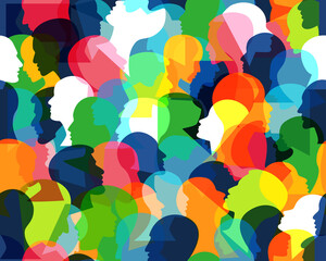 Wall Mural - People profile heads. Seamless pattern of a crowd of many different people profile heads. Vector background.