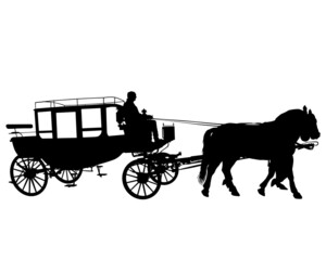  Horses harnessed to a beautiful old carriage. Isolated silhouette on a white background