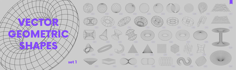 Leinwandbilder - Collection of strange wireframes vector 3d geometric shapes, distortion and transformation of figure, set of different linear form inspired by brutalism, graphic design elements, set 1