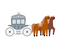 Carriage Cute Illustration. Vector Coach With Two Horses Kids Clipart