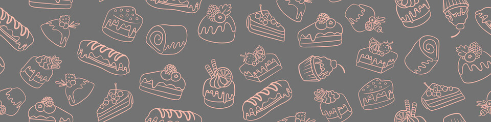 Wall Mural - Seamless pattern with hand drawn outline cakes and desserts. Vector illustration.