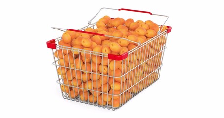 Poster - Shopping basket with apricots rotating, 3d animation. 3D rendering isolated on white background