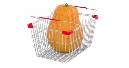 Poster - Shopping basket with pumpkin rotating, 3d animation. 3D rendering isolated on white background