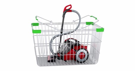 Poster - Vacuum cleaner adding to shopping basket, 3d animation. 3D rendering isolated on white background
