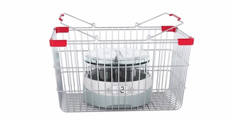 Poster - Automatic yogurt maker adding to shopping basket, 3d animation. 3D rendering isolated on white background