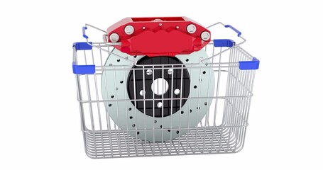 Poster - Car disc brake with caliper adding to shopping basket, 3d animation. 3D rendering isolated on white background