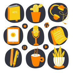 podcast show hand drawn flat vector illustration. a set of items for a podcast at home. self-isolati