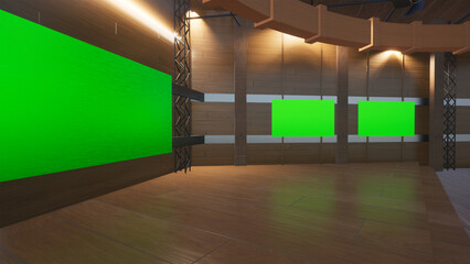 virtual studio set with green screen shot 3d illustration