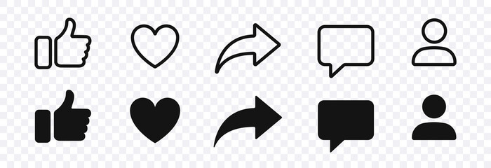 Poster - Thumb up, share, like, comment, heart, repost icons isolated, vector social media icons. Buttons of social notification. Stock vector 