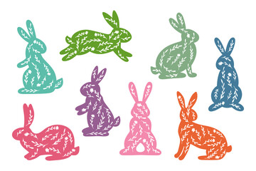 Happy Easter vector illustrations of bunnies, rabbits icons, decorated with flowers, floral, wildflowers.