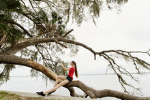 Woman Taking Selfie On Tree Branch By River