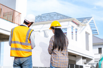 Fototapete - Architect and engineer discussing planning for a building a new home at construction site,Architect watching some a construction,Business, Building,Industry,People concept.