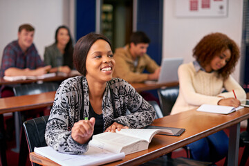 Poster - Furthering their education. Shot of a happy student paying attention in class.