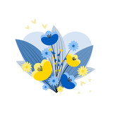 Fototapeta Kwiaty - Niebieskie i żółte kwiaty dla Ukrainy. Kwiaty zamiast wojny i bomb. Nadzieja i wsparcie dla Ukrainy. Stop wojnie. Modlitwa o pokój.