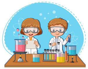 Scientist kids cartoon character with laboratory equipments