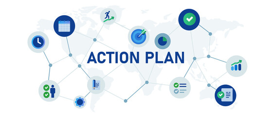 Poster - Action plan icon set interconnected business improvement check mark