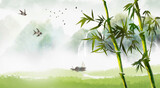 Fototapeta Sypialnia - Spring landscape painting Chinese style landscape background illustration