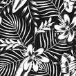 exotic vintage tropical palm leaves seamless pattern with banana leaf and abstract hibiscus flower in monochromatic color style on dark background. fashionable texture. Summer print design. decoration