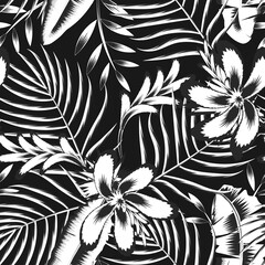 Wall Mural - exotic vintage tropical palm leaves seamless pattern with banana leaf and abstract hibiscus flower in monochromatic color style on dark background. fashionable texture. Summer print design. decoration