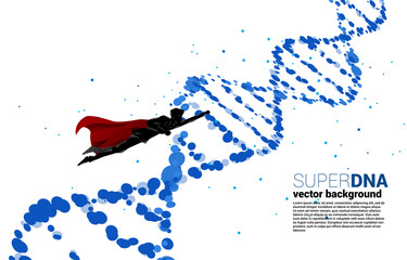 Poster - silhouette of businessman in superhero flying with dna genetic structure from dot random. background