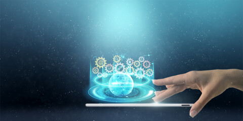 Poster - Hand used tablet with virtual reality technology concept for the metaverse environment. Things-on-the-internet (IoT). Blockchain in the future of corporate finance