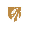 Lion shield logo design, lion head silhouette and shield crest heraldry vector icon
