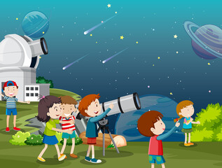 Poster - A Kids Looking at the planet with Telescope