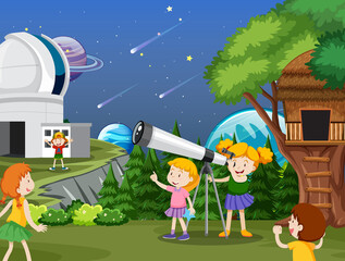 Wall Mural - A Kids Looking at the planet with Telescope