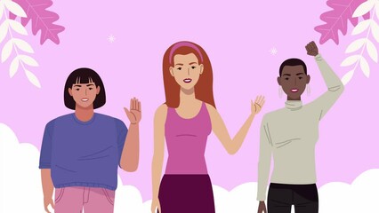 Sticker - happy womens day animation with interracial girls and leafs