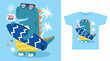 Dinosaur with surfboard cartoon tshirt design concept