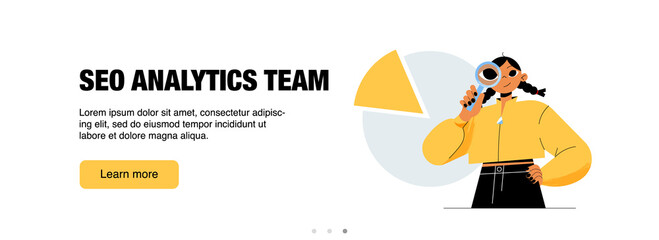 Poster - SEO analytics team banner. Service for keyword research, analysis digital traffic, marketing strategy. Vector poster of search engine optimization agency with flat illustration of woman and diagram