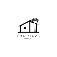 house with palm tree logo vector, tropical beach home or hotel icon design illustration