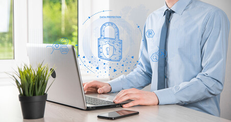 Wall Mural - Cyber security network. Padlock icon and internet technology networking. Businessman protecting data personal information on tablet and virtual interface. Data protection privacy concept. GDPR. EU.