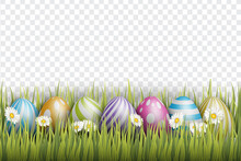 Easter Background With Realistic 3d Colorful Eggs, And Daisy Flowers On Transparent Backdrop. Vector Illustration.