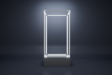 Poster - Empty illuminated glass showcase with mock up place on gray wall backdrop. 3D Rendering.