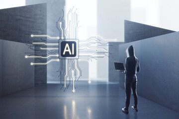 Aufkleber - Attractive european hacker with laptop computer standing in concrete interior with abstract micro chip. AI and technology concept.