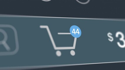 Poster - online shopping, extreme close-up of a shopping cart icon with items counter (3d render)