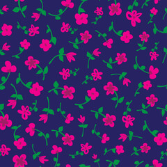 Wall Mural - Ditsy floral pattern pink flowers pattern on dark blue background