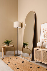 Poster - beautiful mirror and console table near beige indoors. interior design