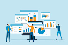 Business Team Analytics And Monitoring On Web Report Dashboard Monitor Concept And Flat Vector Illustration Design Data Analytics Research For Business Finance Planning.