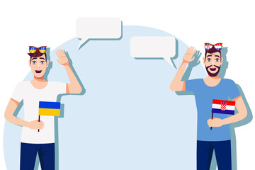 Wall Mural - Men with Ukrainian and Croatian flags. Background for text. Communication between native speakers of Ukraine and Croatia. Vector illustration.
