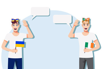 Wall Mural - Men with Ukrainian and Irish flags. The concept of international communication, education, sports, travel, business. Dialogue between Ukraine and Ireland. Vector illustration.